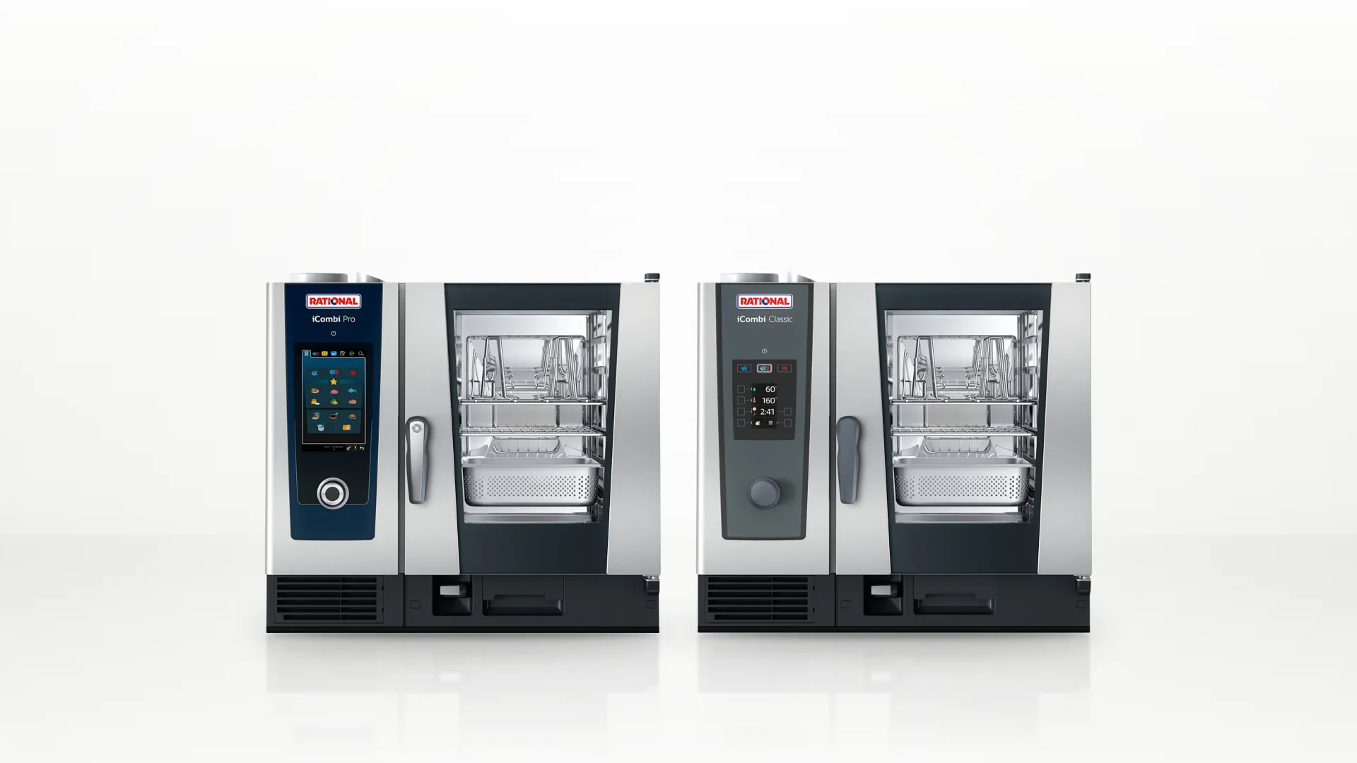 Cuptoarele combi RATIONAL iCombi Pro 6-1/1 (stânga) și iCombi Classic 6-1/1 (dreapta), ambele cu 6 tăvi GN 1/1